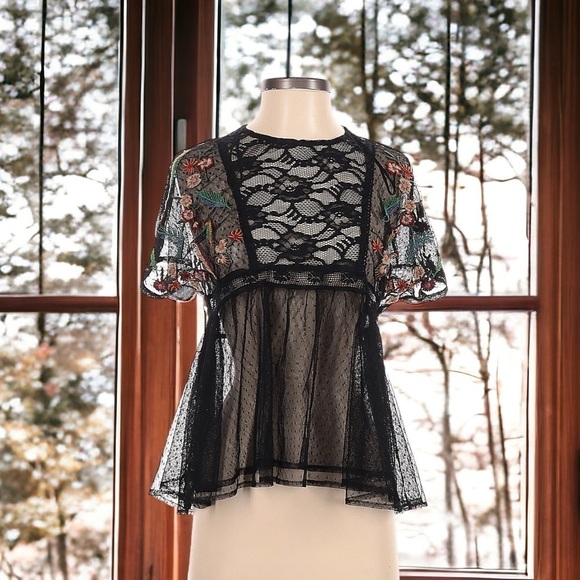 Zara Basic Collection Embroidered Floral Blouse Black Sheer XS - Picture 3 of 13